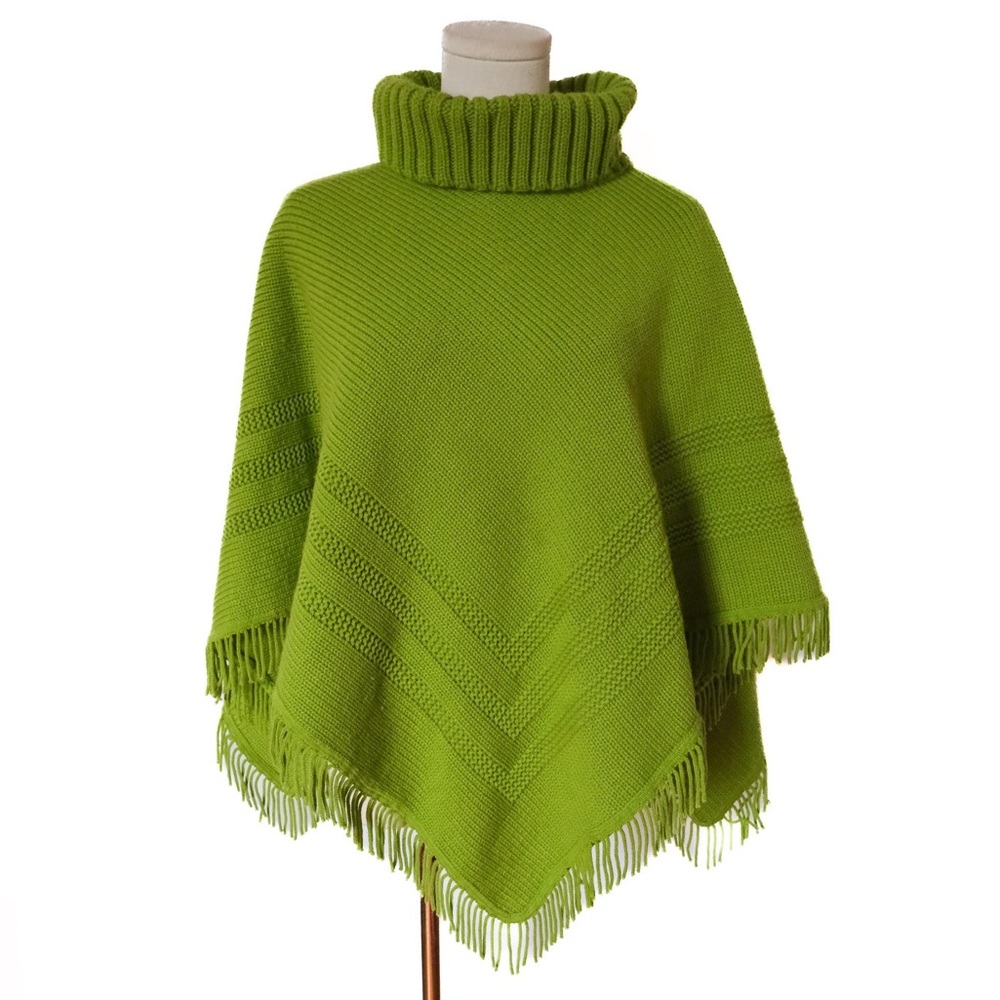 Vintage Tally Ho Chunky Knit Chartreuse Poncho Turtleneck Fringe Hem—One Size